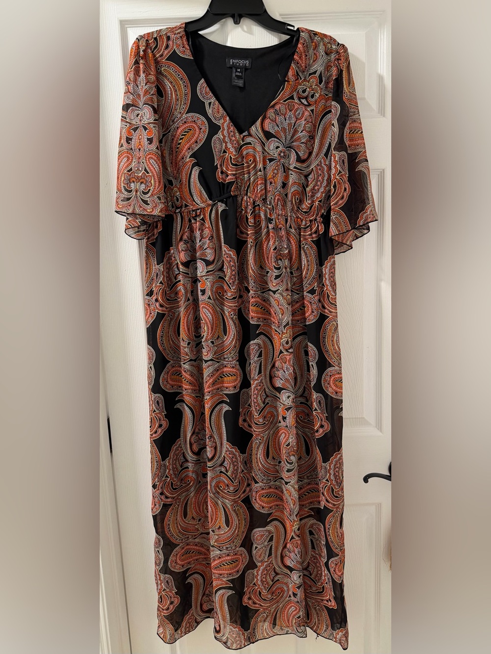 Enfocus Studio Maxi Dress Size 14 V-Neck Black Orange Paisley Print Fully Lined
